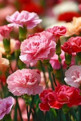 Pink carnation blossoms revealing intricate petal layers, nestled amid lush garden greenery with soft natural lighting