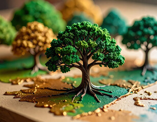 Vibrant tree models displayed on artistic base indoor exhibit 3d art colorful environment close-up view nature concept