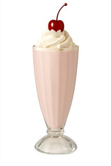 Realistic pink strawberry milkshake topped with whipped cream and a maraschino cherry in a tall glass. Transparent PNG for food designs, menus and sweet treat concepts.