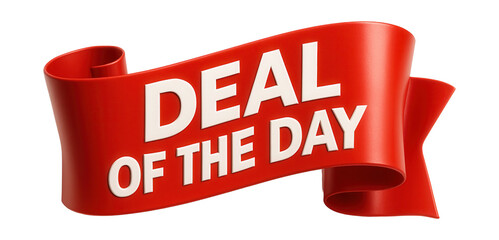 Glossy red ribbon banner with DEAL OF THE DAY text in bold, dynamic retail promo offer on transparent background.