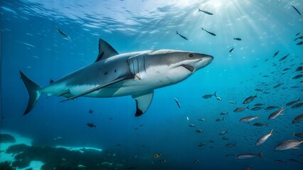 Majestic White Shark Undersea: A majestic white shark gracefully swims through the depths, its powerful form illuminated by sunlit rays. The dynamic scene captures the raw essence of ocean life.