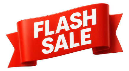 Glossy red ribbon banner with FLASH SALE in bold white letters, eye-catching retail promotion on transparent background.