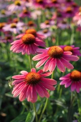 Obraz premium Pink echinacea flowers blooming with raised centers, thriving under bright sunlight, displaying delicate petals and vivid coloration