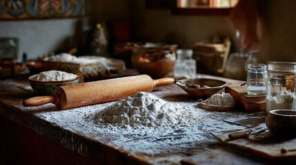 Rustic kitchen counter with scattered flour and wooden rolling pin on natural wood surface, showing traditional baking preparation, cozy home cooking, and warm vintage atmosphere.