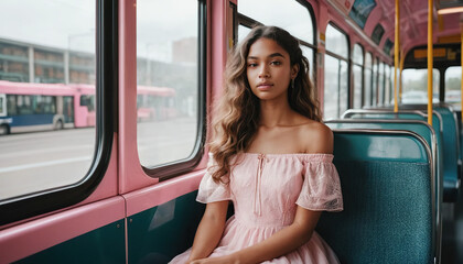Portrait of young woman with long wavy ombre hair sitting alone in pink public bus or tram wearing light pink transparent off shoulder dress, soft natural daylight