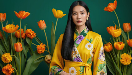 Portrait of beautiful asian woman in traditional vietnamese dress and yellow coat. Model with orange flowers on emerald green background. Traditions, culture and festive atmosphere