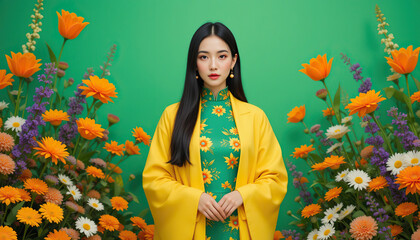Portrait of beautiful asian woman in traditional vietnamese dress and yellow coat. Model with orange flowers on emerald green background. Traditions, culture and festive atmosphere