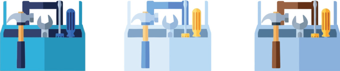 Three toolboxes each containing a hammer wrench and screwdriver on white background