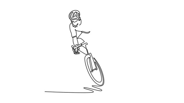 Animated self drawing of continuous line draw fearless athletic sportsman in protective clothes driving bike on steep road. Active sport, health, workout, recreation. Full length single line animation