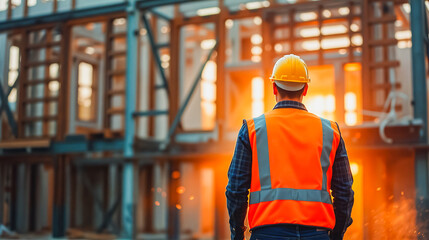 Construction Worker Silhouette at Sunset, A lone construction worker, clad in a hard hat and safety vest, stands silhouetted against a building under construction at sunset.