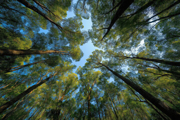 'In the lush, green forest, tall trees reach towards the blue sky with sunlight shining through their leaves.