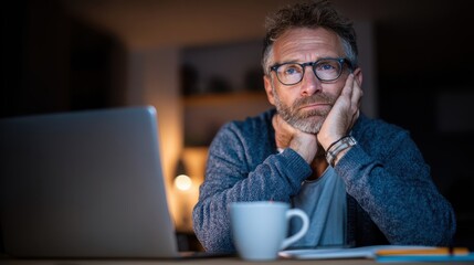 Customers concern service concept. Contemplative man with laptop, coffee cup, in a dimly lit room.