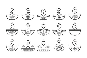 Diya vector icon set with editable strokes for Diwali festival. Traditional indian diyas with decorative patterns and flames.
