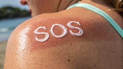The word SOS is written in moisturizer on sunburned skin