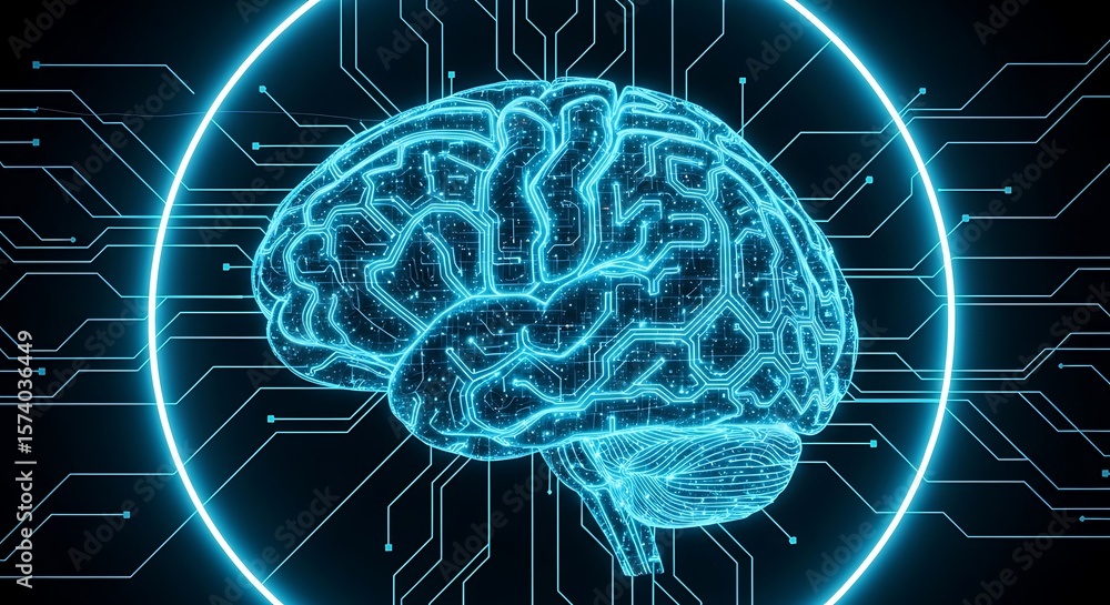 Poster illuminated neural network brain powering futuristic digital technology concepts