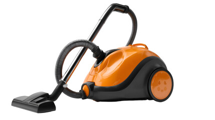 Close up shot of an orange and black vacuum cleaner on a black background in a studio setting