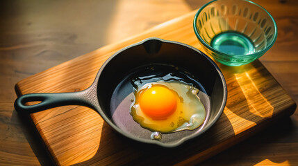 A perfectly fried sunny side up egg sits in a black cast iron skillet on a rustic wooden cutting board.