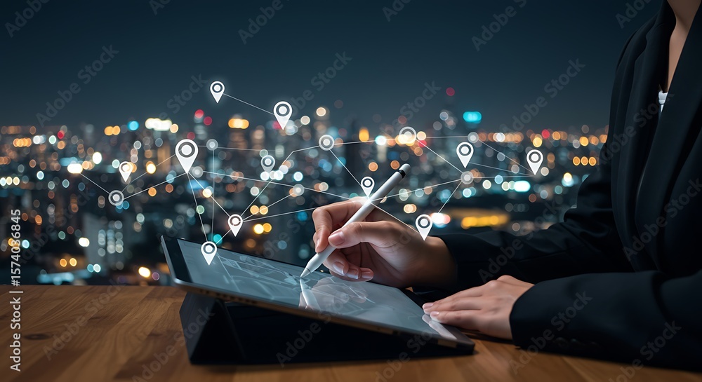 Poster analyzing global connections and digital network data with modern technology and cityscape backgroun