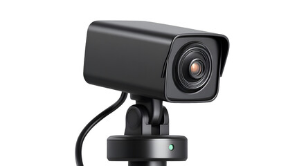 A close up of a black security camera with a green light on a black background in a studio setting