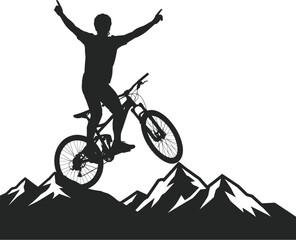 Dynamic Mountain Biker Silhouette - Rider on Mountain Peak Vector
