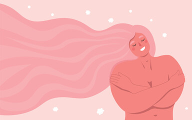 Woman hugging herself with love. Beautiful femal with long hair. Vector flat graphics.