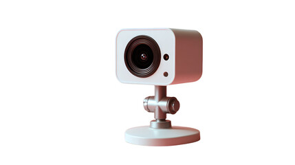A white webcam with a round lens and a silver stand against a black and reddish background