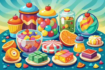 vector of Colorful candies, jelly and marmalade are arranged in their own containers on the bright table...