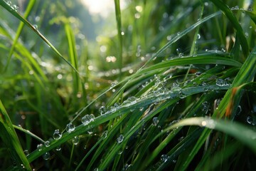 Obraz premium Morning dew glistening on blades of grass in a serene meadow at sunrise