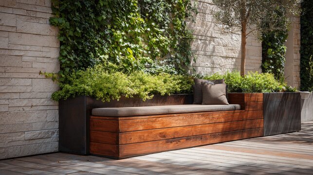 Outdoor bench built into planter wall, earth-tone backdrop