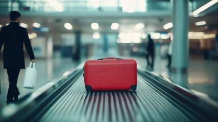 Red suitcase on conveyor belt at airport terminal with blurred people walking background evoking travel anticipation luggage baggage journey excitement and busy travel atmosphere