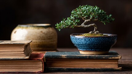 Small bonsai beside organic pottery and stacked books