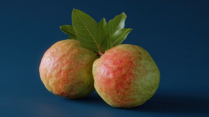 Vibrant pair of guava fruits with fresh foliage, against a deep blue setting