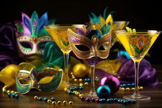 Colorful mardi gras masks, beads, and cocktails create a festive scene celebrating the new orleans carnival season - Powered by Adobe