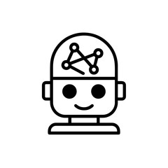Simple black and white line art of a robot head with visible neural patterns inside, symbolizing deep learning and AI inner workings.