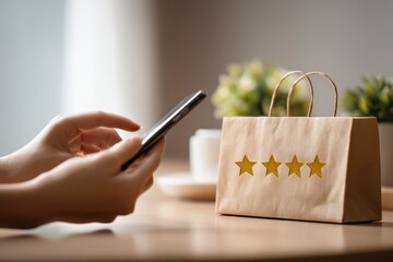 Customers concern service concept. A person using a smartphone next to a paper bag with a star rating design.