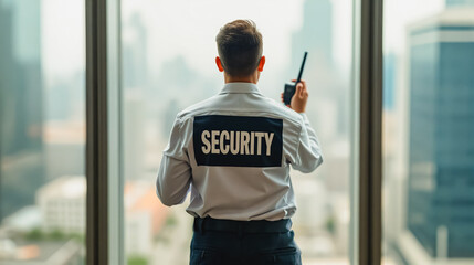 Security Officer Monitoring Cityscape, A vigilant security officer stands watch in front of a large window.