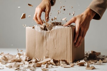 Customers concern service concept. Hands breaking apart a cardboard box filled with crumpled paper and debris.