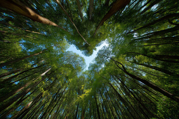 'In the lush, green forest, tall trees reach towards the blue sky with sunlight shining through their leaves.