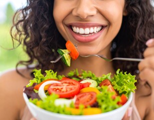 Close-up of a woman enjoying a colorful salad, with focus on her smiling mouth and forkful of fresh vegetables. A vibrant and healthy eating concept perfect for lifestyle, wellness, or nutrition theme