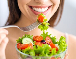 Close-up of a woman enjoying a colorful salad, with focus on her smiling mouth and forkful of fresh vegetables. A vibrant and healthy eating concept perfect for lifestyle, wellness, or nutrition theme