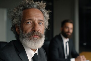 Corporate meeting engagement professional men in suits office setting high-quality image focused atmosphere close-up perspective