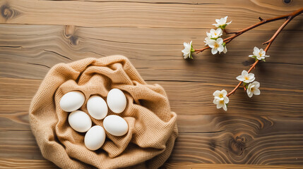 A charming still life featuring six white eggs nestled within a burlap sack on a rustic wooden table.