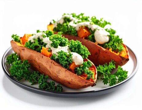 Two warm sweet potatoes are split open and generously filled with orange pieces, fresh green kale, and a creamy white sauce, placed on a white plate.