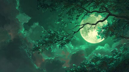 Fototapeta premium Forest canopy under a full moon at night with green lighting and swirling clouds
