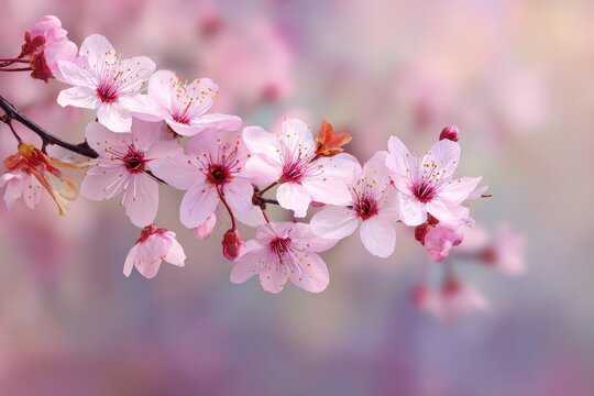 Blossoming flowers, close-up shot, on a branch with pink soft blurred background