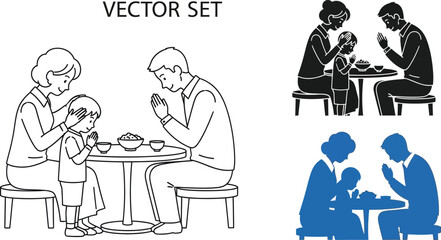Vector set illustration of family praying before a meal in different color styles