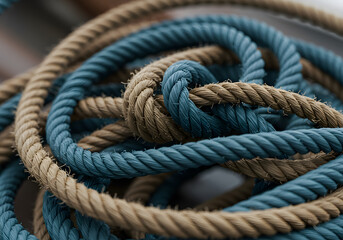 Obraz premium Close-up of intertwined blue and brown ropes, nautical texture, coiled and knotted, marine equipment, cord detail.