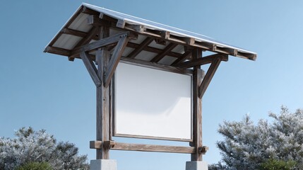 Community notice board under small solar roof, airy left margin