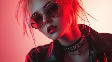 Portrait of a young woman in trendy eyewear, bathed in red neon light