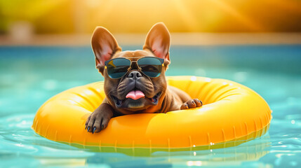 French Bulldog Summer Fun - Pool Float, A charming French Bulldog wearing sunglasses and relaxing on a yellow inner tube in a swimming pool. The dog appears content and playful.